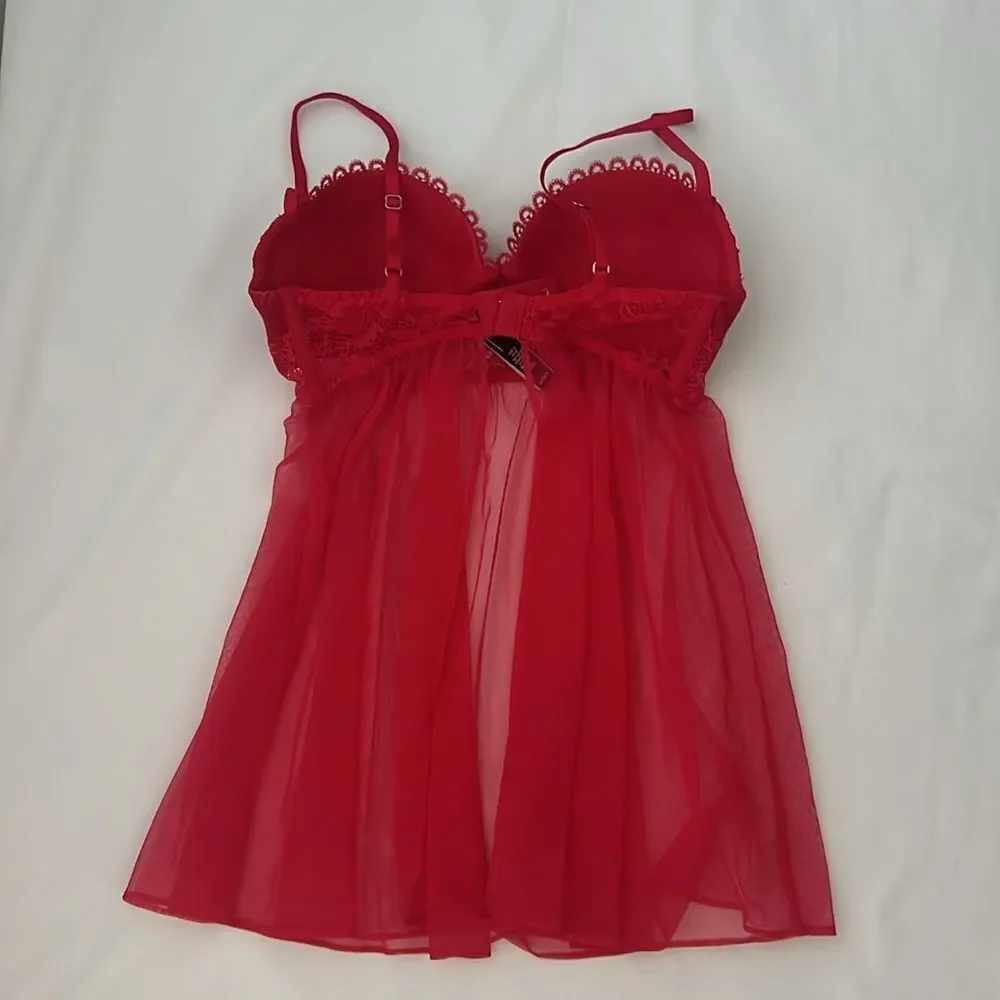 Victorias Secret Floral Lace Babydoll Slip Dress 34C Red Sheer Romantic Coquette